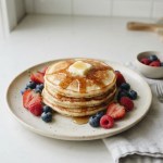 Stapel fluffiger American Pancakes mit Ahornsirup und Beeren
