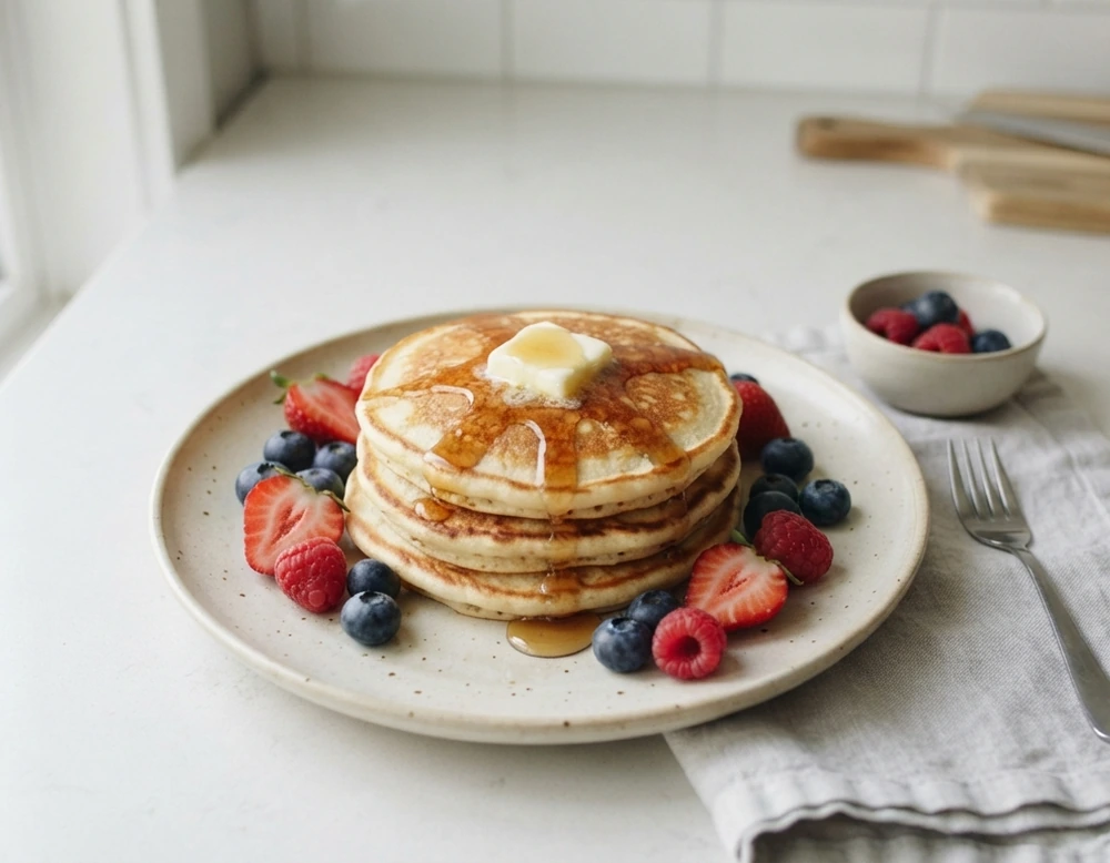 Stapel fluffiger American Pancakes mit Ahornsirup und Beeren