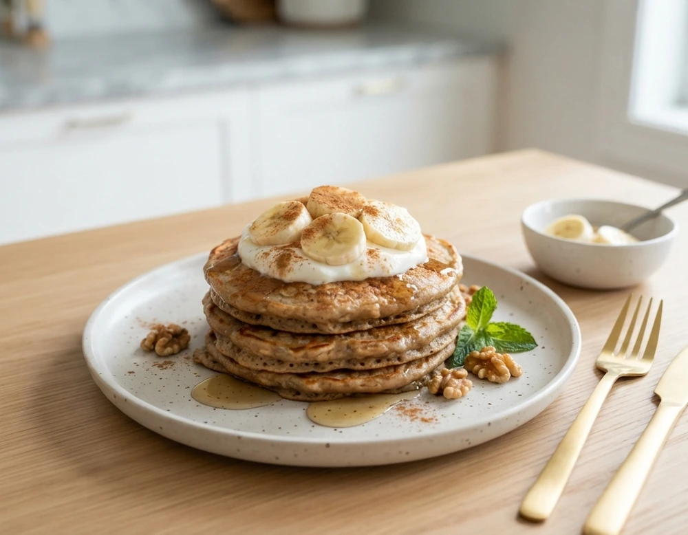 Zuckerfreie Bananen-Haferflocken-Pancakes, goldbraun gestapelt mit Bananenscheiben und Joghurt.