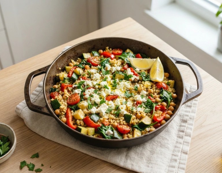 Bulgur-Pfanne mit Gemüse, Kichererbsen und zerbröseltem Feta in einer Pfanne, garniert mit Petersilie und Zitrone.