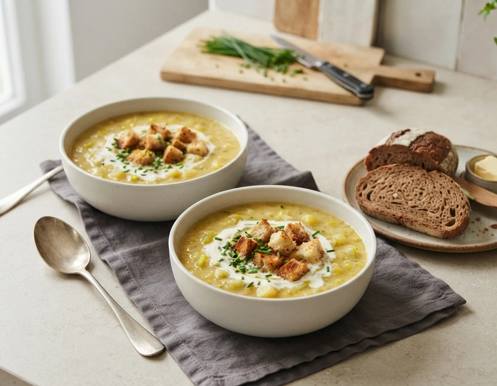Cremige Kartoffelsuppe mit Lauch in Schalen, garniert mit Schnittlauch und Croutons