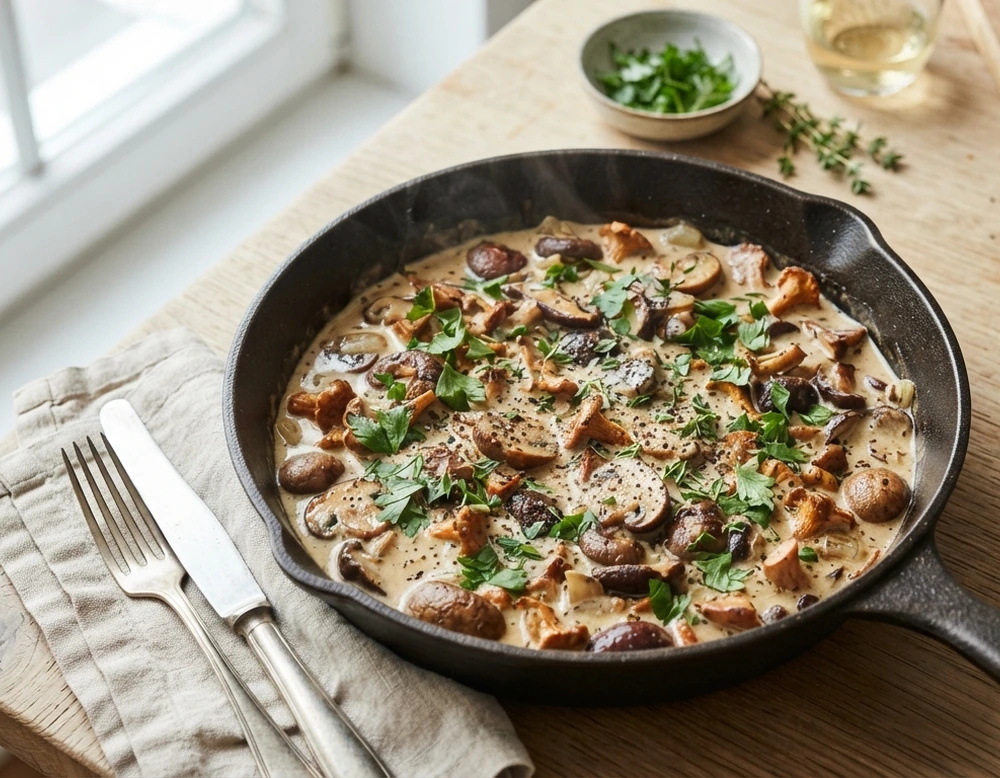 Cremige Pilzpfanne mit Knoblauch und Kräutern in einer gusseisernen Pfanne