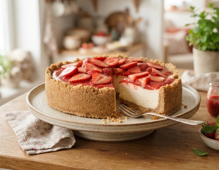 Erdbeer-Cheesecake ohne Backen mit glänzendem Erdbeertopping auf Tortenplatte