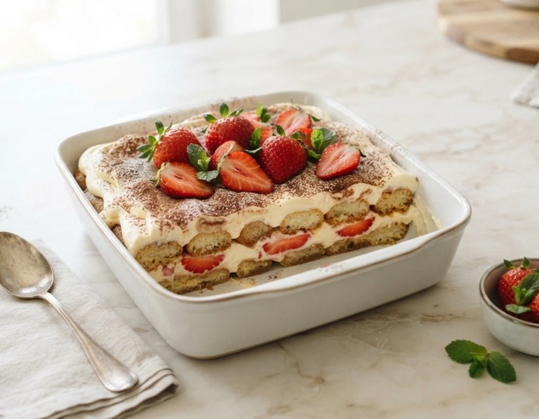 Erdbeer-Tiramisu ohne Alkohol mit Mascarponecreme und frischen Erdbeeren in der Auflaufform