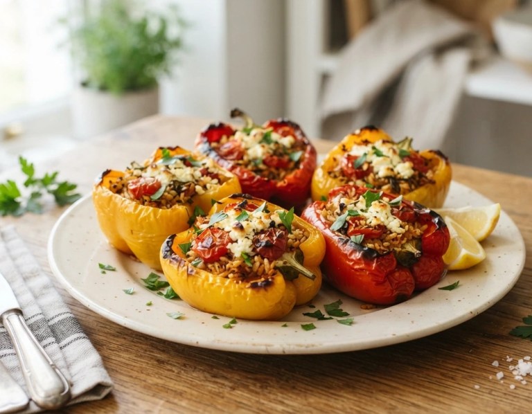 Gefüllte Paprika mit Reis und Feta in der Auflaufform