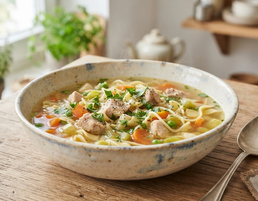 Hähnchen-Nudel-Suppe mit Gemüse in einer Schale, garniert mit Petersilie