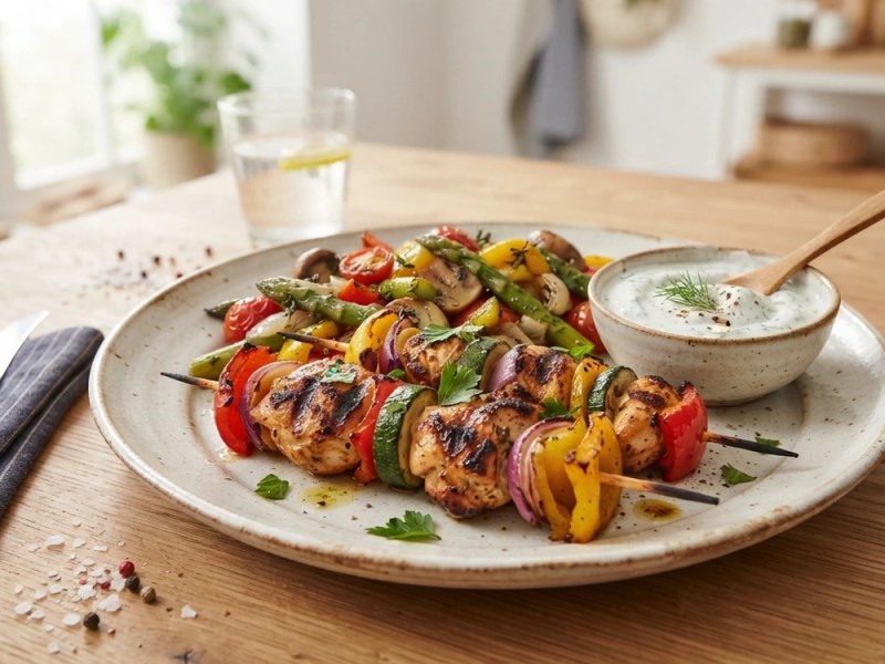 Hähnchenspiesse mit Grillgemüse und Joghurt-Dip