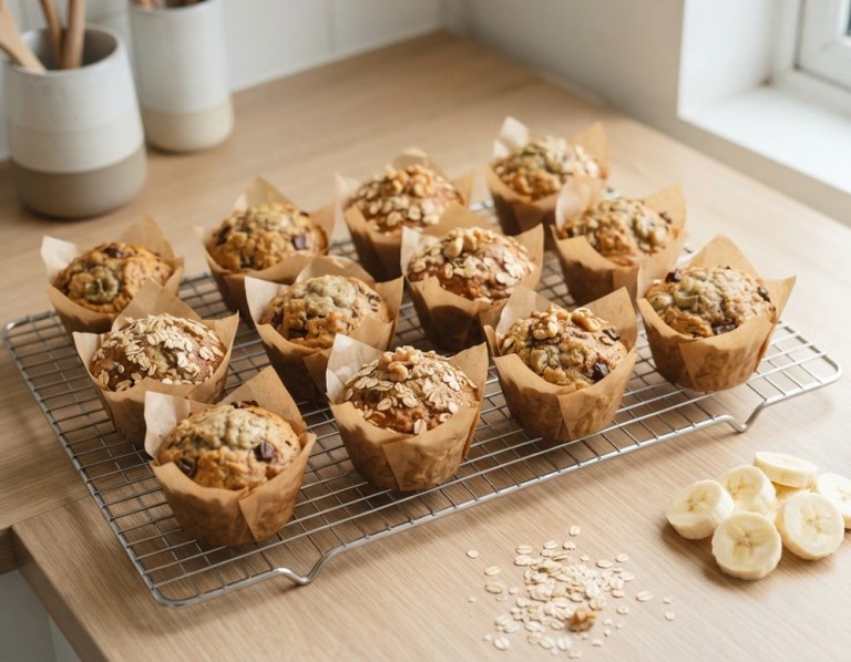 Zuckerfreie Kinder Bananen-Muffins auf Abkühlgitter mit Haferflocken