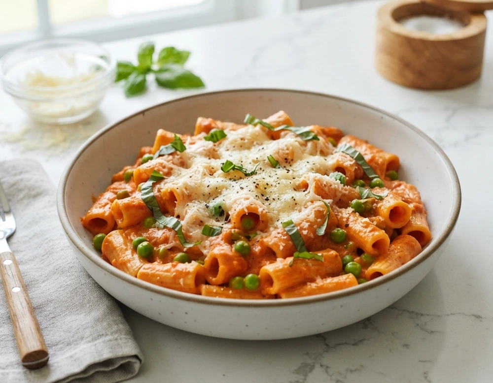 Kinder Nudeln mit cremiger Tomatensauce in einer Pfanne serviert