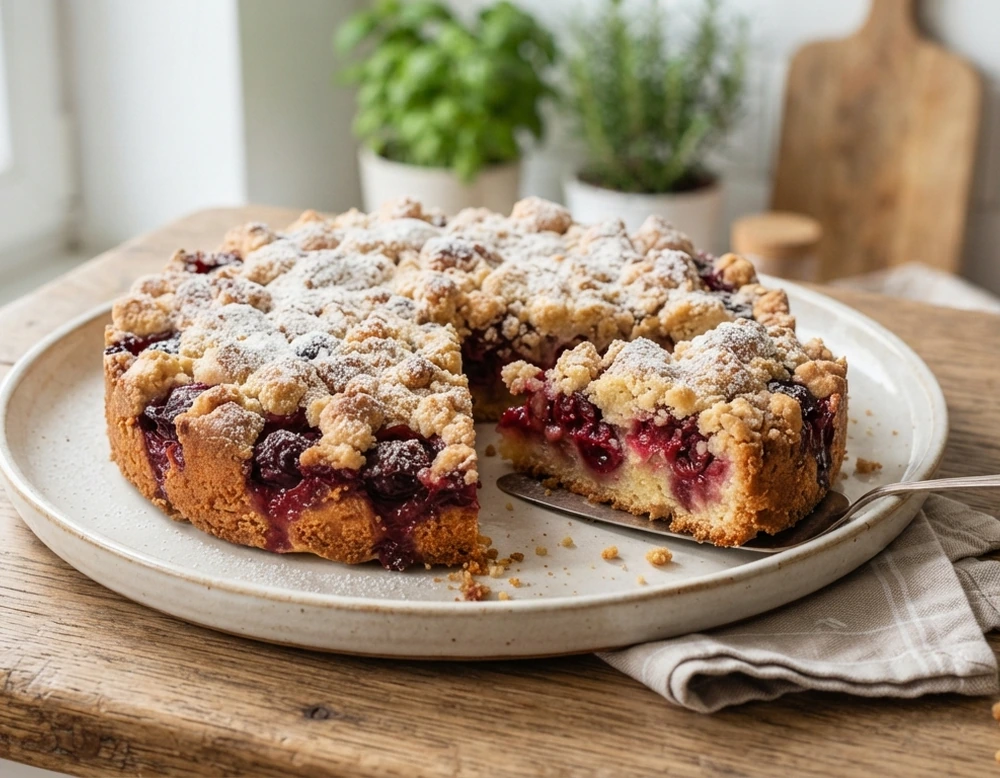 Kirschstreusel mit saftigen Kirschen und knusprigen Streuseln in der Springform, ein Stück angeschnitten