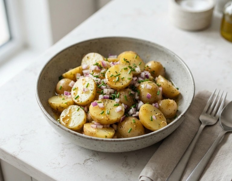 Klassischer Kartoffelsalat mit Brühe und Senf, mit Zwiebeln und Schnittlauch