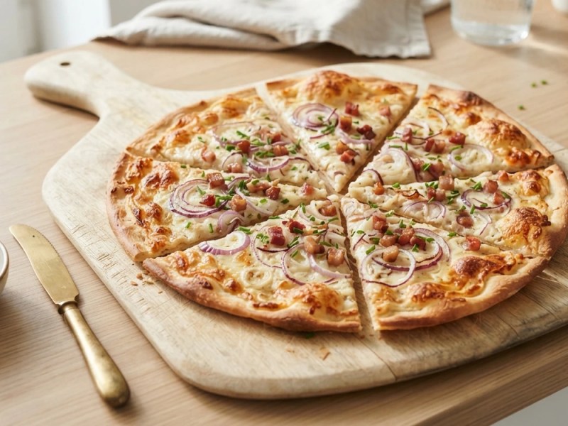 Knuspriger Flammkuchen mit Rinderspeck und Zwiebeln