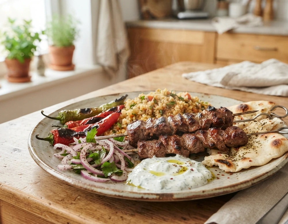 Kuzu Sis – türkische Lammspiesse vom Grill mit Bulgur, gegrillter Paprika und Joghurtsauce