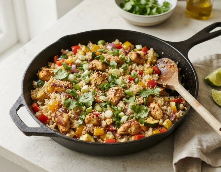 Low-Carb Blumenkohlreis mit Hähnchen in der Pfanne