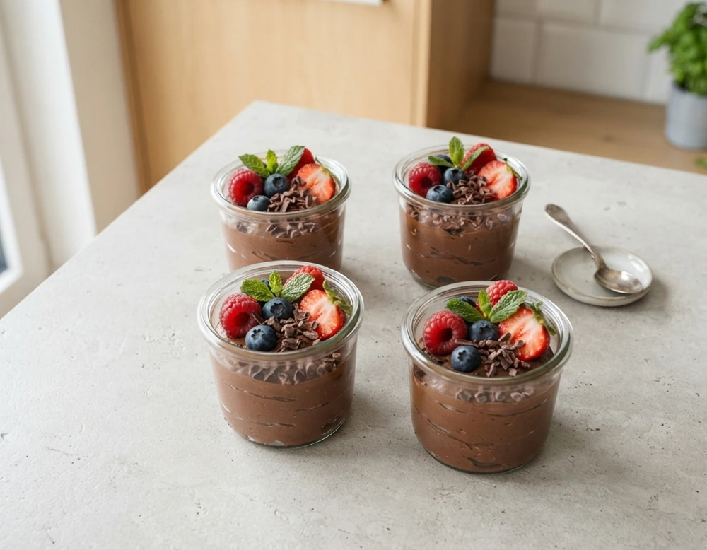 Low-Carb Schoko-Mousse mit Quark in Gläsern, mit Beeren und Schokoraspeln