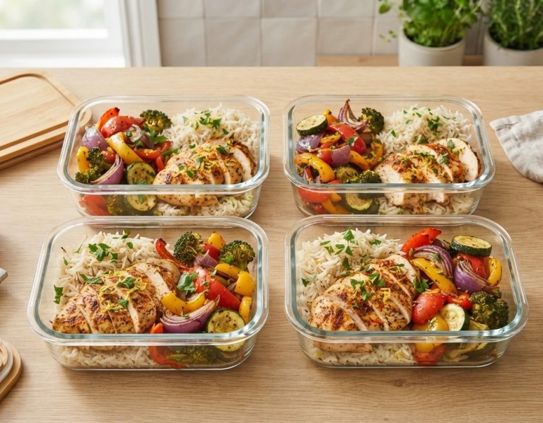 Meal-Prep-Boxen mit Hähnchen, Reis und Ofengemüse, mit Petersilie und Zitrone garniert.