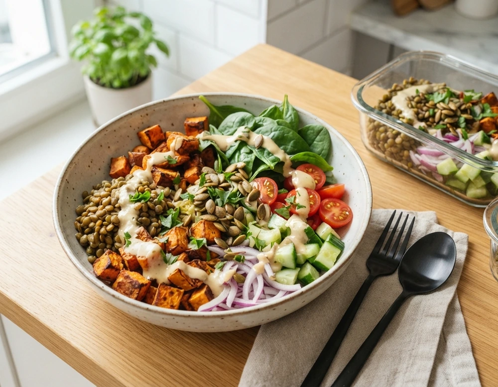 Meal Prep Linsen-Bowl mit Süsskartoffel und Zitronen-Tahini-Dressing in Schüssel, dazu Glasboxen.