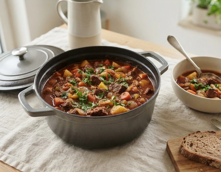 Rindergulasch mit Kartoffeln und Möhren in sämiger Sauce, serviert im schweren Topf