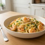 Garnelen-Pasta mit Knoblauch und Zitrone auf Linguine
