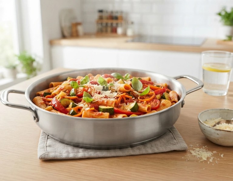 Gemüse-Pasta in Tomatensauce mit Basilikum in der Pfanne serviert