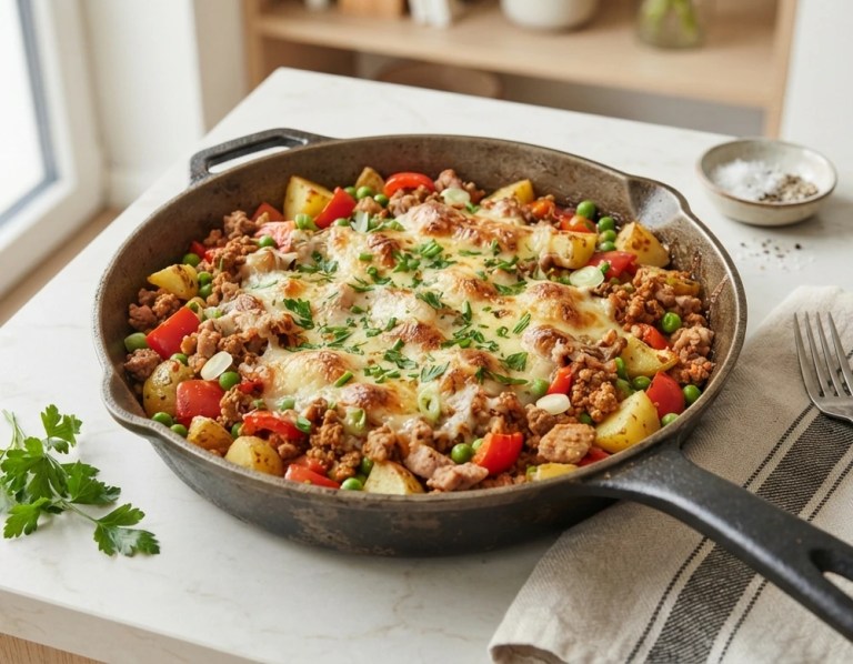 Schnelle Kartoffel-Hackfleisch-Pfanne mit Käse in der Pfanne serviert