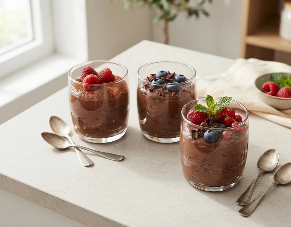 Schokoladenmousse mit Zartbitterschokolade in Gläsern, mit Beeren, Minze und Schokoraspeln garniert.