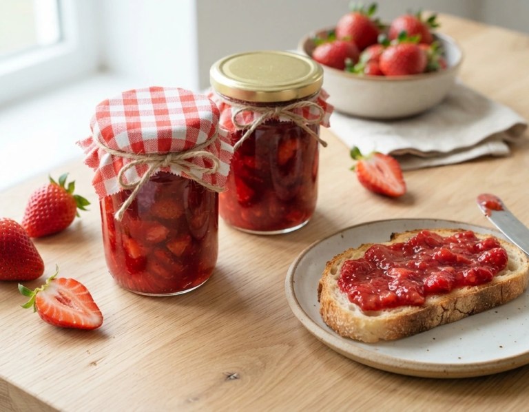 Erdbeermarmelade im Glas mit frischen Erdbeeren und bestrichenem Toast