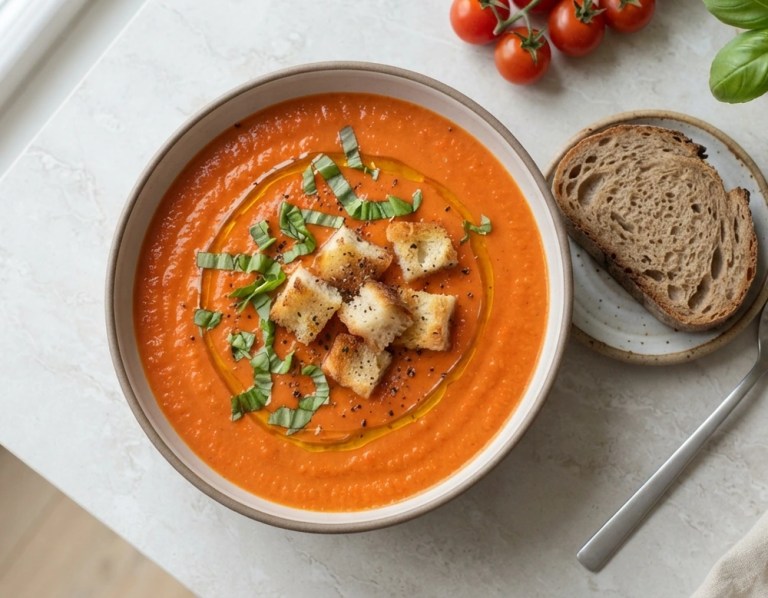 Cremige Thermomix Tomatensuppe mit Basilikum und Croûtons in einer Schale