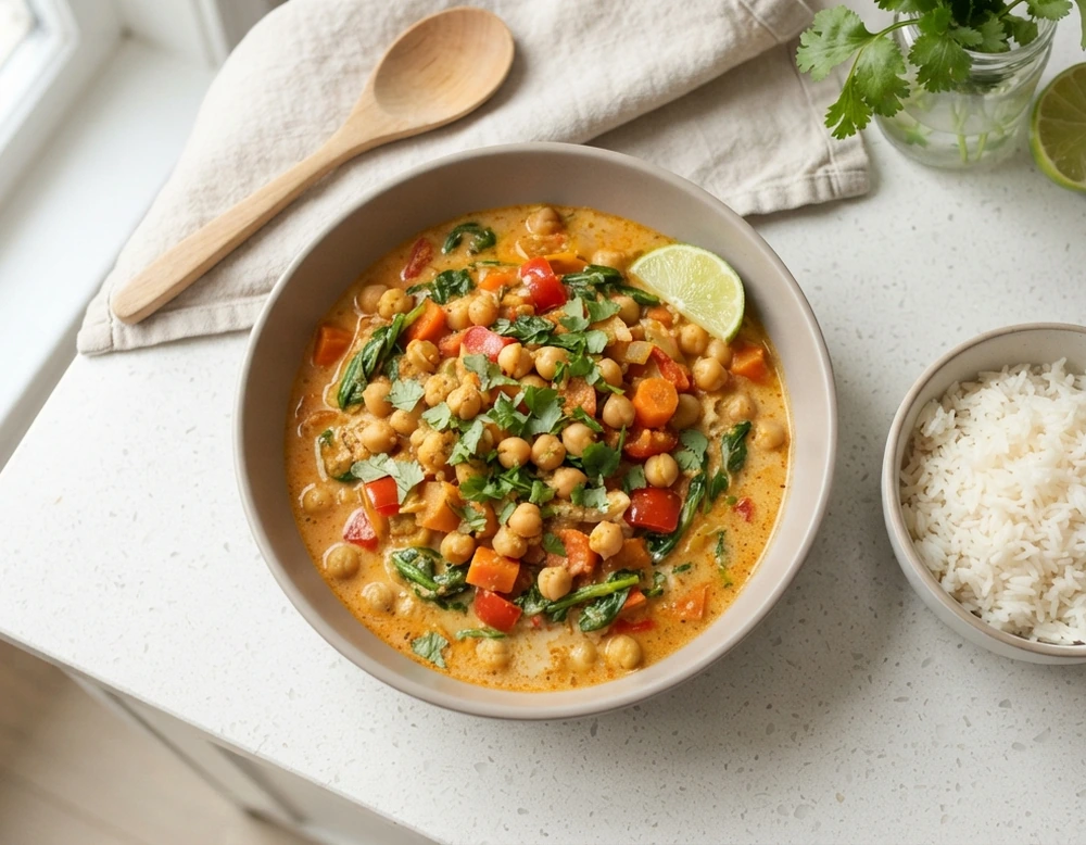 Veganes Kichererbsen-Curry mit Kokosmilch, serviert mit Basmatireis und Koriander.