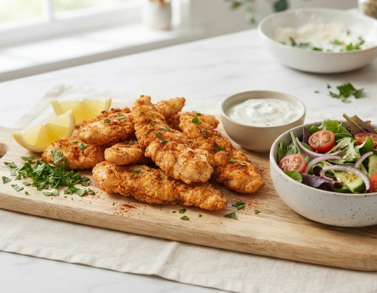 Knusprige Hähnchenstreifen aus dem Airfryer mit Joghurt-Dip und Zitrone