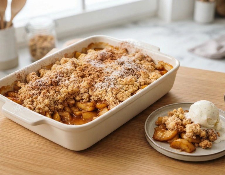 Apfel-Zimt-Crumble mit knusprigen Streuseln in der Auflaufform, serviert mit Vanilleeis
