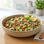 Bulgur-Salat mit Petersilie, Tomate und Zitrone in einer Schüssel