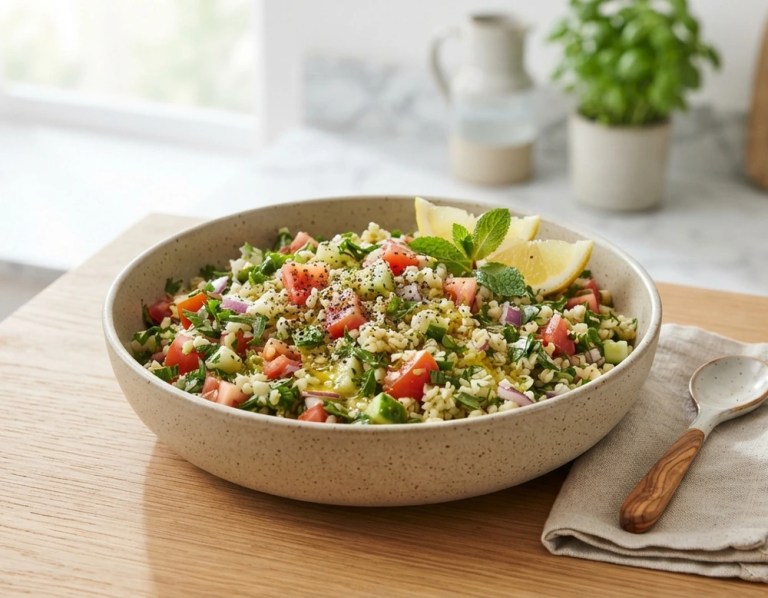 Bulgur-Salat mit Petersilie, Tomate und Zitrone in einer Schüssel