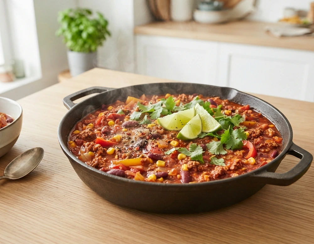 Chili con Carne mit Rinderhack, Bohnen und Mais in einer Schüssel, garniert mit Koriander und Limette.