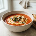 Cremige Tomatensuppe mit Basilikum, Sahnewirbel und Croutons in einer Schüssel.