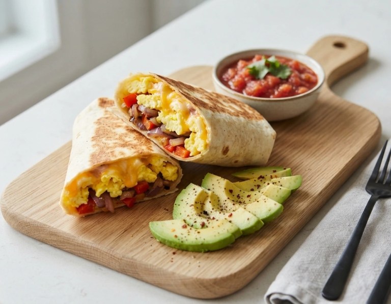 Frühstücks-Burrito mit Rührei, Käse und Paprika, halbiert serviert