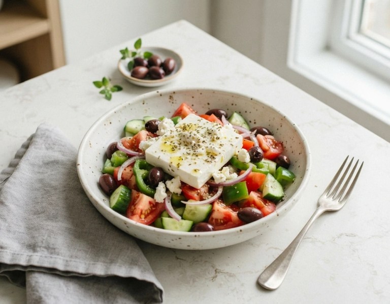 Griechischer Bauernsalat mit Feta und Oliven in einer Servierschüssel