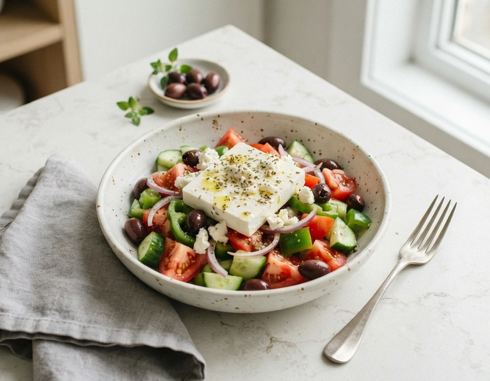 Griechischer Baürnsalat mit Feta und Oliven in einer Servierschüssel
