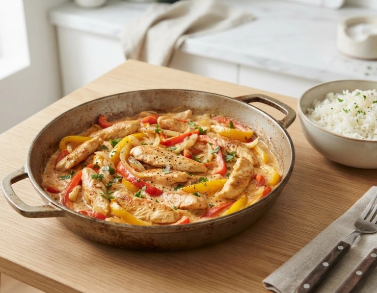 Cremige Hähnchen-Paprika-Pfanne mit Petersilie und Reis