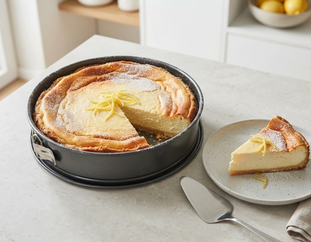 Käsekuchen mit cremiger Quarkfüllung, angeschnitten und serviert
