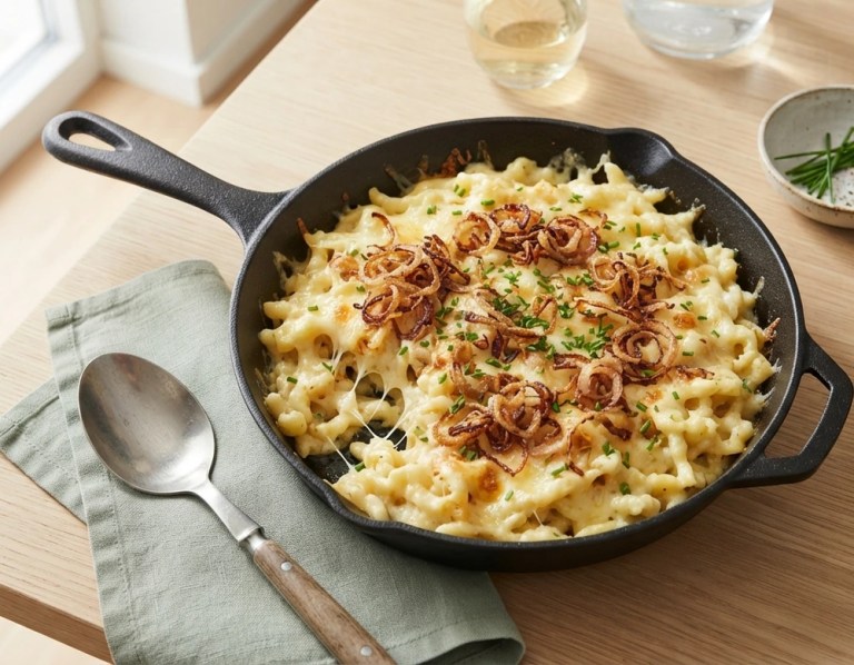 Käsespätzle mit goldenen Röstzwiebeln und Schnittlauch in der Pfanne