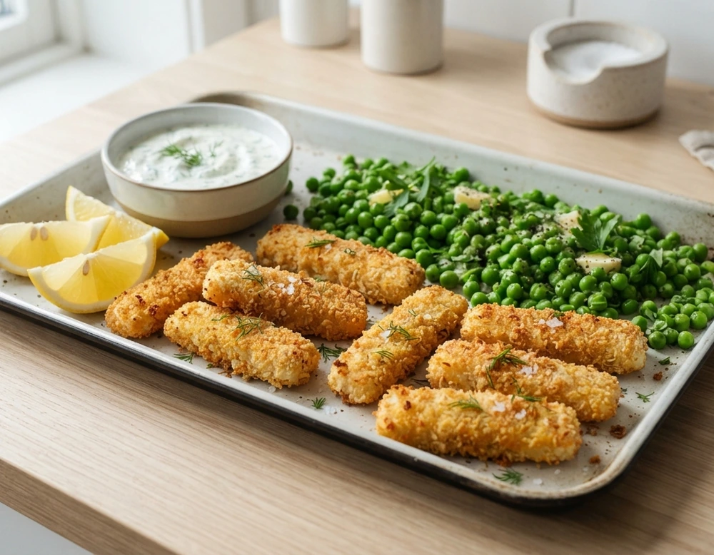 Knusprige Fischstäbchen vom Blech mit Erbsen, Zitronen und Joghurt-Dip