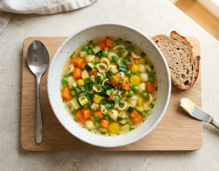 Kinderfreundliche Gemüsesuppe mit kleinen Nudeln in klarer Brühe, mit Möhren, Erbsen und Zucchini, garniert mit Petersilie.