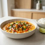 Cremiges Kürbis-Curry mit Kokosmilch, Kichererbsen und Reis