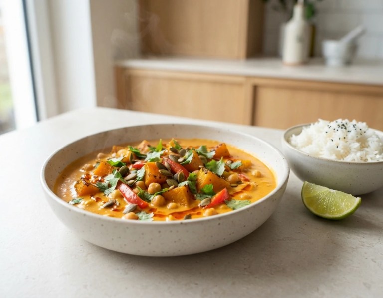 Cremiges Kürbis-Curry mit Kokosmilch, Kichererbsen und Reis