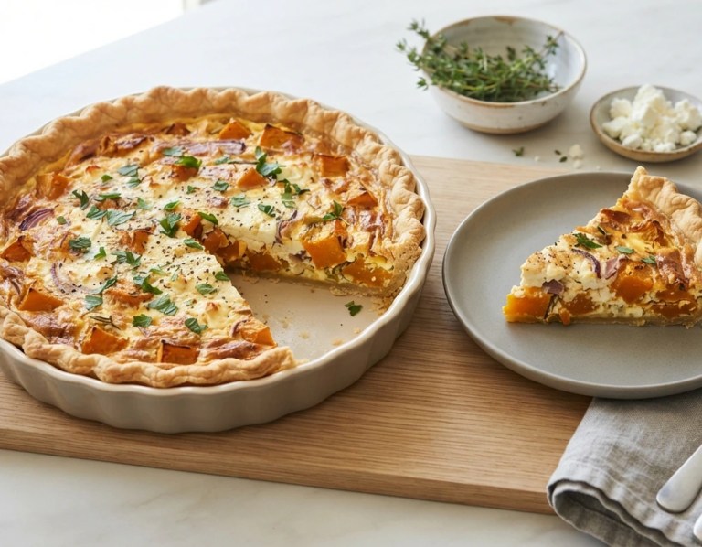 Kürbisquiche mit Feta, goldbraun gebacken und mit Kräutern bestreut