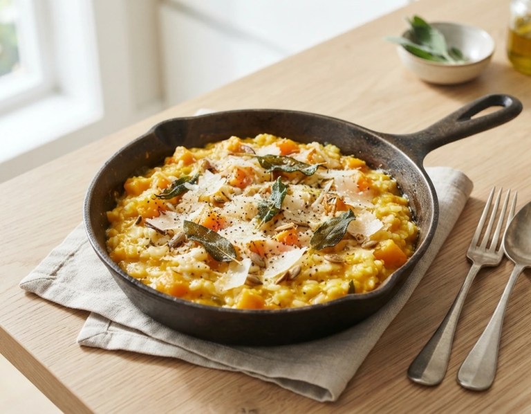 Cremiges Kürbisrisotto mit Parmesan in Pfanne serviert