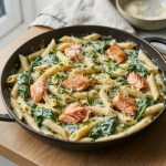 Cremige Lachs-Spinat-Pasta mit Rahmsauce, serviert in einer Pfanne
