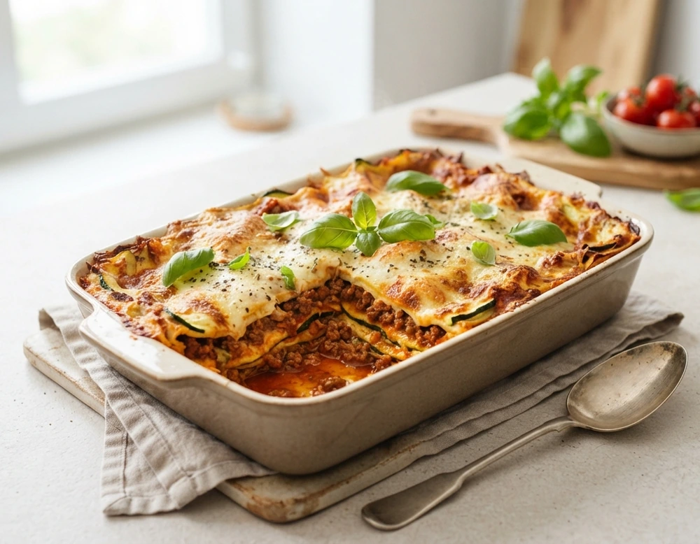 Low-Carb Zucchini-Lasagne mit Hackfleisch in der Auflaufform