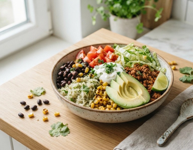 Meal Prep Burrito Bowl mit Reis, Rinderhack, Bohnen, Mais, Tomaten, Avocado und Joghurt-Limetten-Dressing.